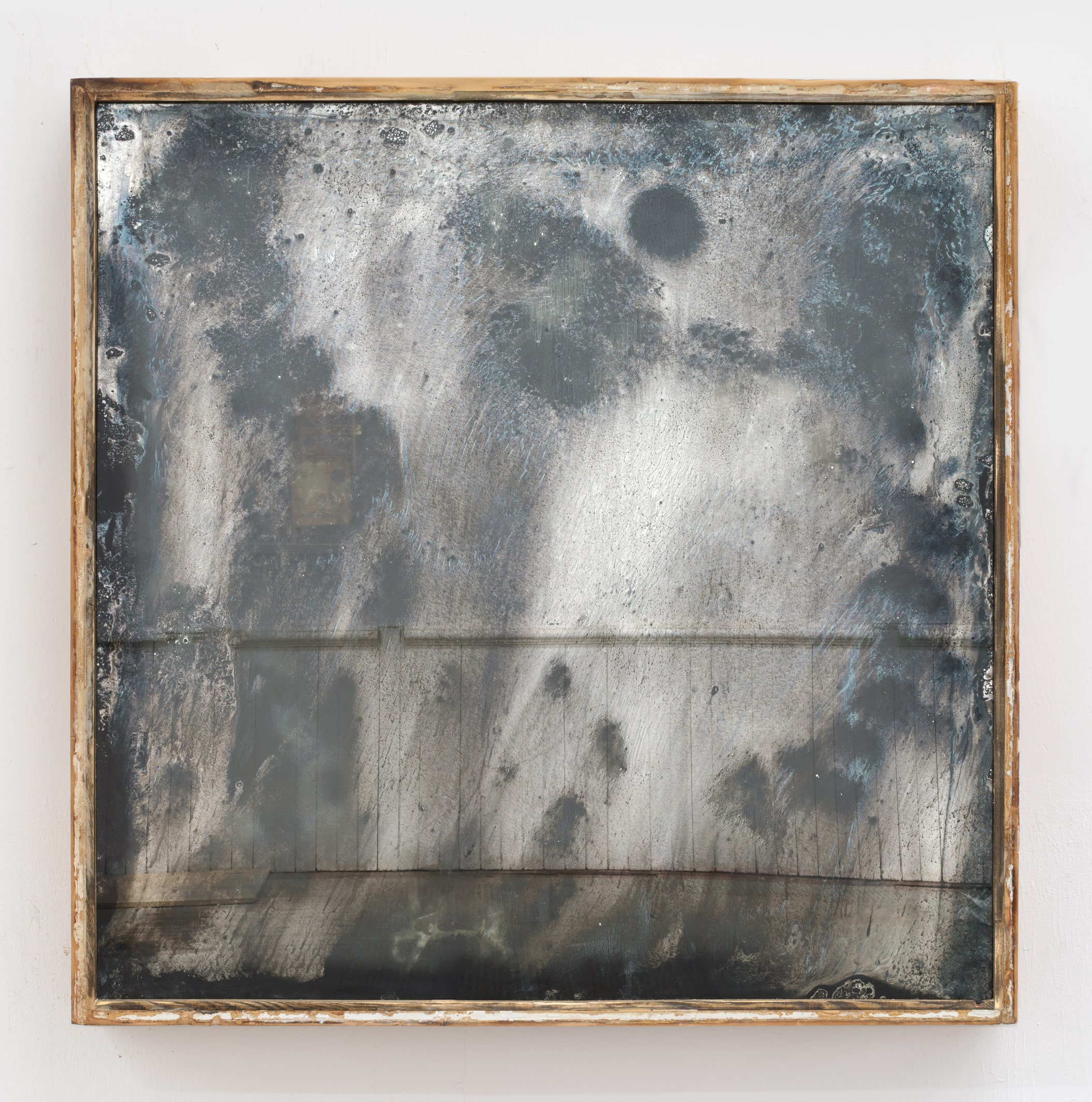 Mónica Mays, <i>Vanity</i>, 2026. Silver nitrate mirrors, reclaimed wood, found objects, laser print, light bulb, 50 x 50 x 4 1/2 in (127 x 127 x 11.5 cm)
